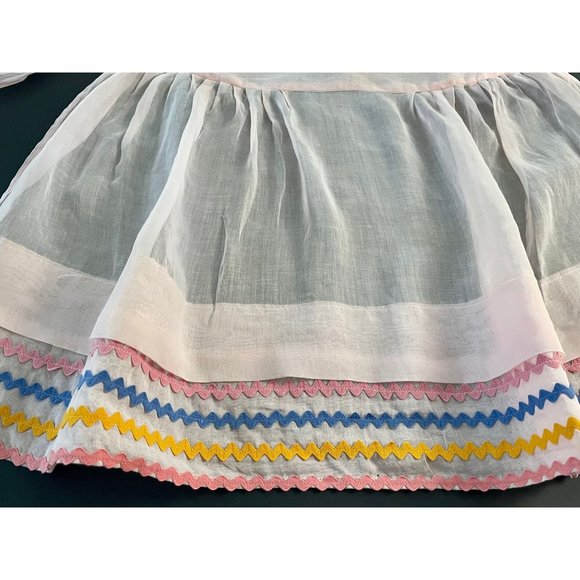 Vintage half apron 1950s women kitchen apron with zig zag pattern in pink blue. - Picture 7 of 10